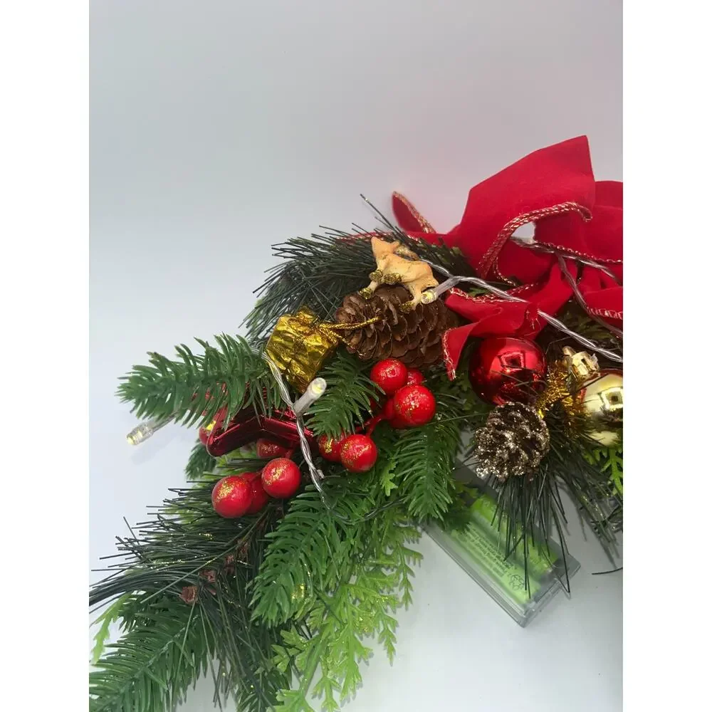 Lighted Mantel Christmas Fake Pine Tree Swag Pinecones Berries Ornaments Deer